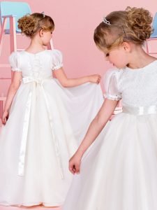 White Ball Gowns Scoop Short Sleeves Chiffon Floor Length Lace Up Lace and Belt Flower Girl Dresses for Less