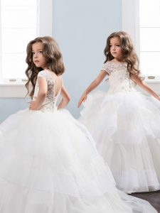 White Scoop Neckline Lace and Ruffled Layers and Hand Made Flower Pageant Dresses Short Sleeves Backless