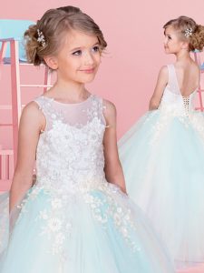 Designer White and Light Blue Flower Girl Dresses for Less Quinceanera and Wedding Party and For with Appliques Scoop Sl