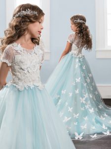 Scoop Short Sleeves With Train Zipper Kids Pageant Dress Light Blue for Quinceanera and Wedding Party with Lace Brush Tr