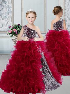 Burgundy One Shoulder Neckline Ruffles and Sequins Pageant Gowns For Girls Sleeveless Zipper