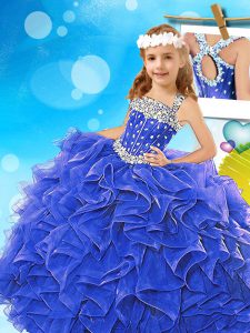 Glittering Straps Criss Cross Floor Length Royal Blue Kids Pageant Dress Organza Sleeveless Beading and Ruffles