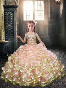 Fashion Sleeveless Organza Floor Length Lace Up Little Girl Pageant Dress in Peach with Beading and Ruffles