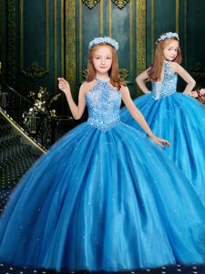 Halter Top Sequins Baby Blue Sleeveless Tulle Lace Up Little Girls Pageant Dress Wholesale for Party and Wedding Party