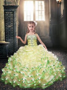 Beading and Appliques Custom Made Pageant Dress Yellow Green Lace Up Sleeveless Floor Length