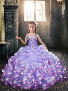 Flare Spaghetti Straps Sleeveless Lace Up Little Girl Pageant Gowns Lavender Organza