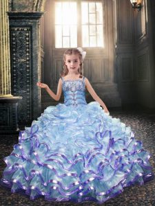 Fine Light Blue Sleeveless Beading and Appliques Floor Length Pageant Dress