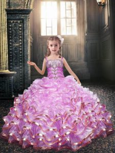 Artistic Beading and Ruffles Little Girls Pageant Dress Wholesale Lilac Lace Up Sleeveless Floor Length
