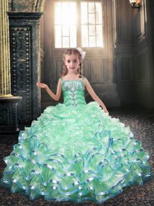Apple Green Sleeveless Organza Lace Up Kids Pageant Dress for Party and Wedding Party