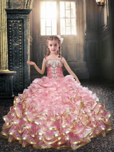 Sleeveless Organza Floor Length Lace Up Pageant Gowns in Baby Pink with Beading and Appliques