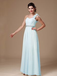 Baby Blue One Shoulder Long Holiday Dress with Flowers and Beading