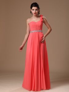 One Shoulder Long Ruched Beaded Chiffon Holiday Dress with Flowers