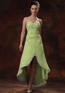 Spaghetti Straps High-low Yellow Green Ruched Holiday Dresses with Appliques
