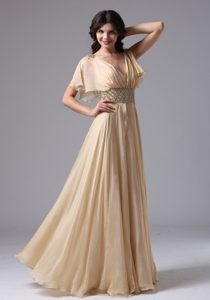 Champagne V-neck Straps Long Ruched Holiday Dresses with Beading