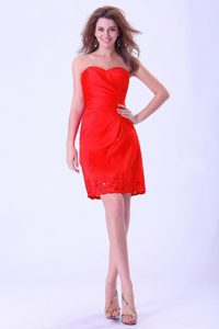 Sweetheart Mini-length Hot Red Ruched Summer Holiday Dress with Appliques