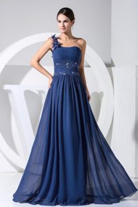 Unique Royal Blue One Shoulder Beaded Holiday Dress with Flower