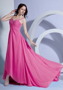 New Rose Pink Spaghetti Straps Ruched Holiday Dress with Beading