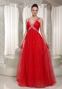 Most Popular V-neck Long Red Ruched Tulle Holiday Dress with Beading