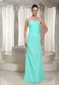 Sweetheart Long Turquoise Ruched Chiffon Holiday Dresses with Beading