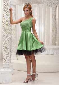 One Shoulder Knee-length Green Taffeta Holiday Dress with Beading for Cheap