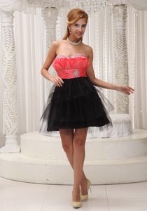 Cheap Strapless Mini-length Watermelon and Black Holiday Dress with Beading