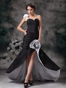 One Shoulder Black Ruched Holiday Dress with Flower and High Slit