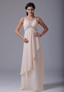 V-neck Long Champagne Ruched Chiffon Holiday Dresses with Beading
