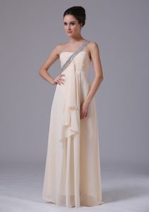 One Shoulder Long Champagne Ruched Chiffon Beaded Holiday Dresses