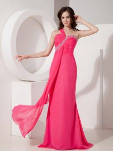 One Shoulder Hot Pink Ruched Chiffon Holiday Dress with Beading