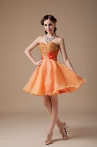 Sweetheart Knee-length Orange Organza Holiday Dress with Beading for Cheap