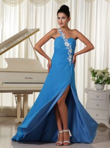 One Shoulder Blue High Slit Holiday Dress with and Appliques on Sale