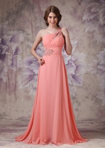Romantic One Shoulder Chiffon Ruched and Beaded Holiday Dress on Promotion