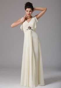 Wholesale Light Yellow Empire V-neck Holiday Dress with Beading and Ruching