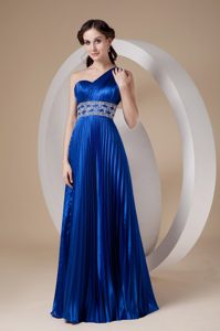 New Royal Blue Empire One Shoulder Elastic Woven Satin Beaded Holiday Dress