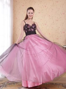 Pink and Black Tulle Lace Holiday Dress with Spaghetti Straps for Cheap