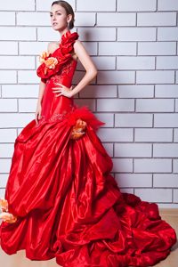 Red One Shoulder Holiday Dress with and Hand Made Flower