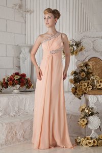 Beautiful Peach Color One Shoulder Chiffon Beaded Holiday Dress