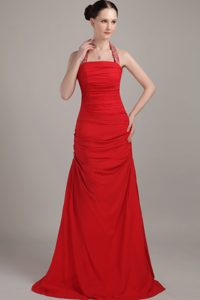 Red Column Halter Top Chiffon Ruched Holiday Dress on Wholesale Price in 2013