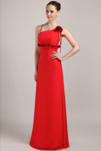 Red Column Straps Chiffon Holiday Dress with Hand Made Flower on Promotion