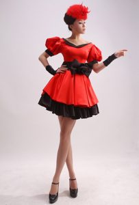 Colorful Mini -length Holiday Dress with Short Sleeves and Bowknot on Promotion