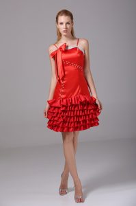 Beaded Red Knee-length Holiday Dress with Ruffled Layers and Spaghetti Straps