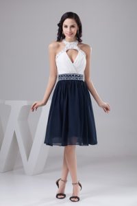 Popular White and Navy Blue Halter Top Holiday Dress with Beading on Promotion