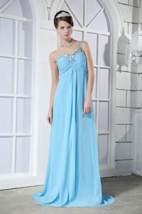 Blue Empire One Shoulder Chiffon Beaded and Ruched Holiday Dress