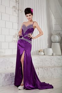 Purple One Shoulder Taffeta Beaded Holiday Dress with and High Slit