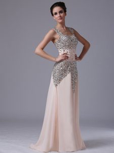 Champagne Beaded Decorate Shoulder Chiffon Column Holiday Dress for Cheap