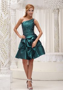 One Shoulder Knee-length Turquoise Beaded Homecoming Dress with Pick-ups