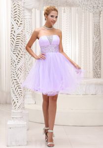 Strapless Mini-length Lavender Tulle Homecoming Dress for Girls with Beading