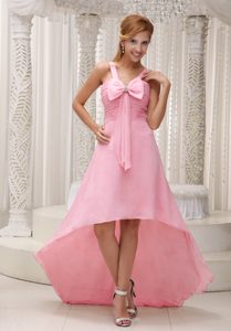 Straps High-low Pink Ruched Chiffon Homecoming Party Dress with Bowknot
