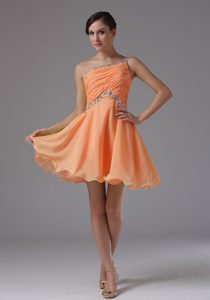One Shoulder Mini-length Orange Ruched Beaded Homecoming Dress for Junior