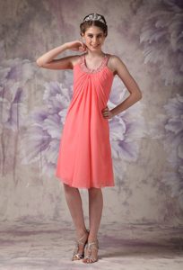 Watermelon U-neck Knee-length Homecoming Dress with Ruching and Beading